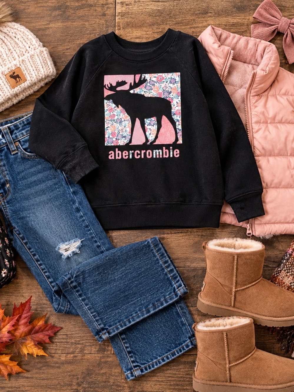Abercrombie Kids Black Crewneck Sweatshirt with Pink Floral Moose